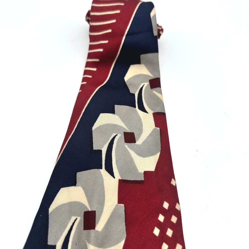 Vintage 70's Charlaine Silk Necktie Burgundy Navy Blue Geometric Abstract Wide - Picture 3 of 6